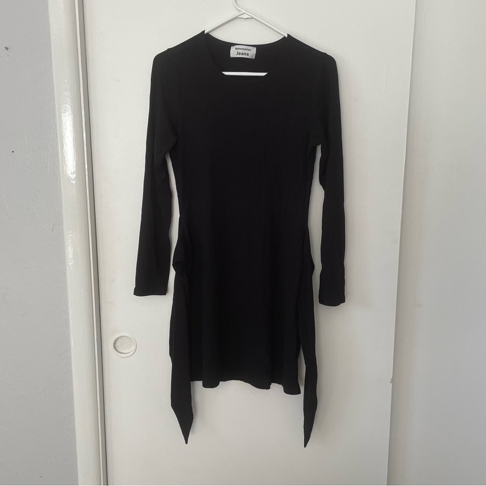 Reformation Jeans body con dress, size L, above the knee, tie back, long slv
